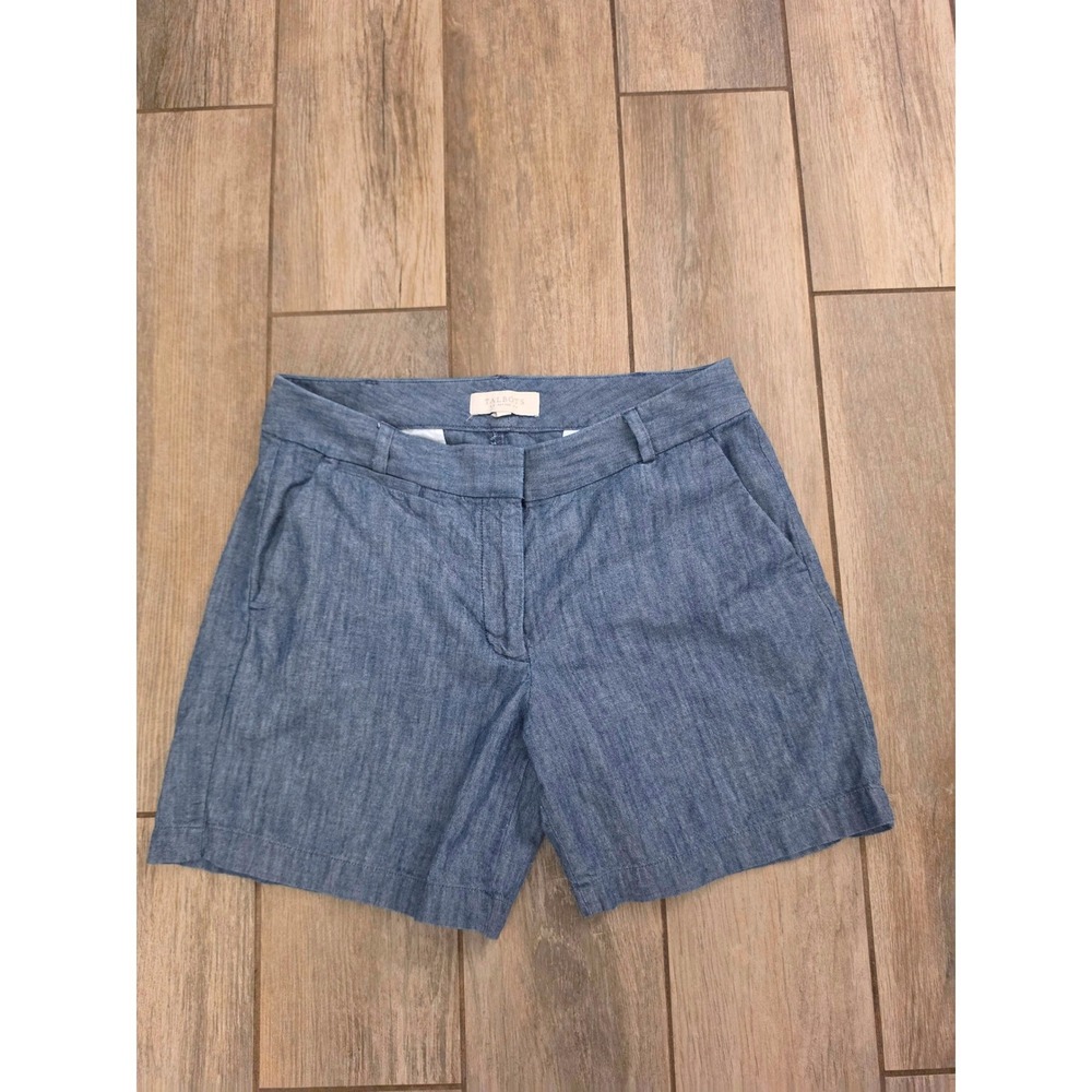 Talbots Petites Blue Chambray Cotton Shorts Size 8P Hook Bar Closure Pockets
